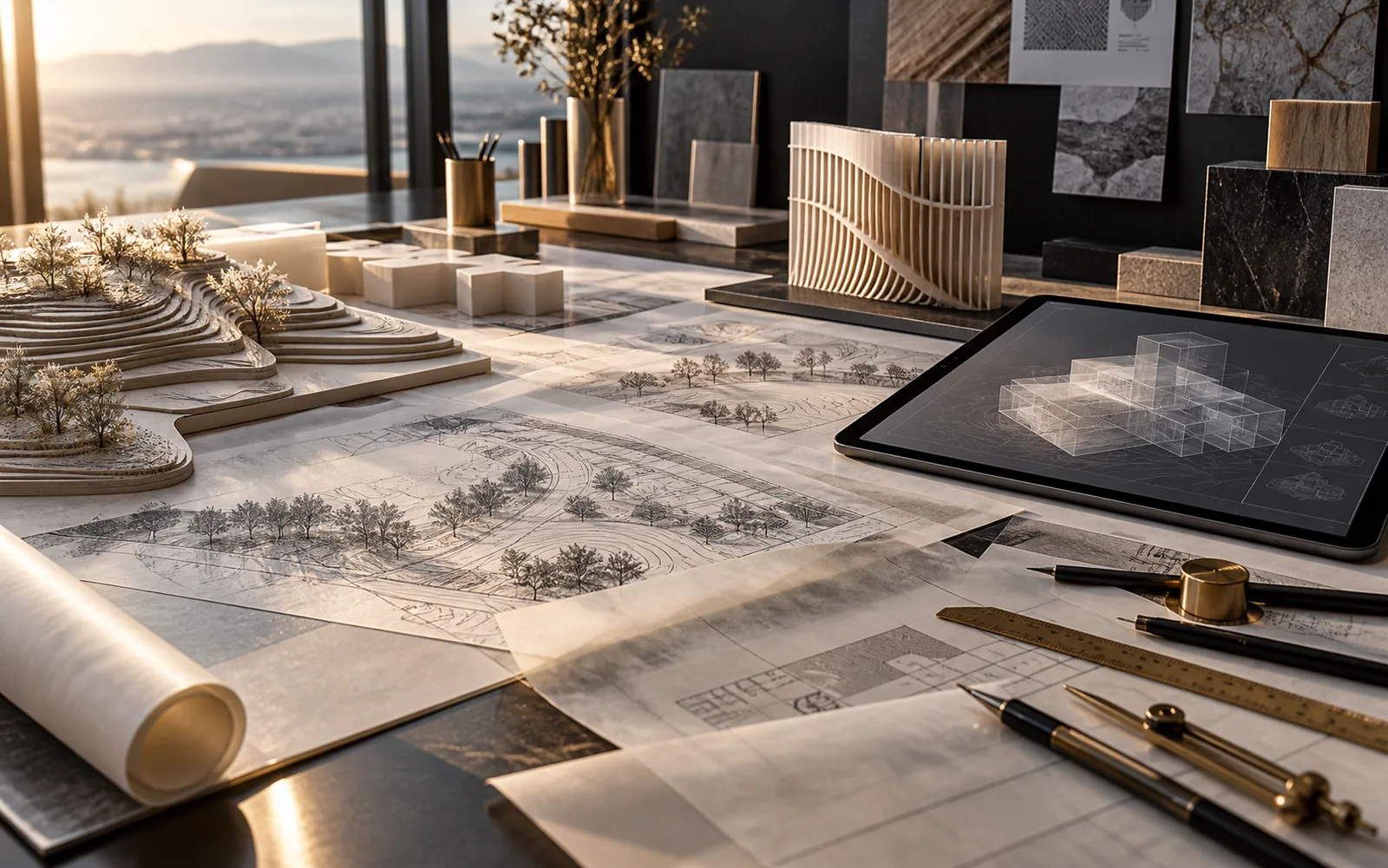Architectural planning tools, massing models, drawings and material studies — conceptual process visual, not a project record