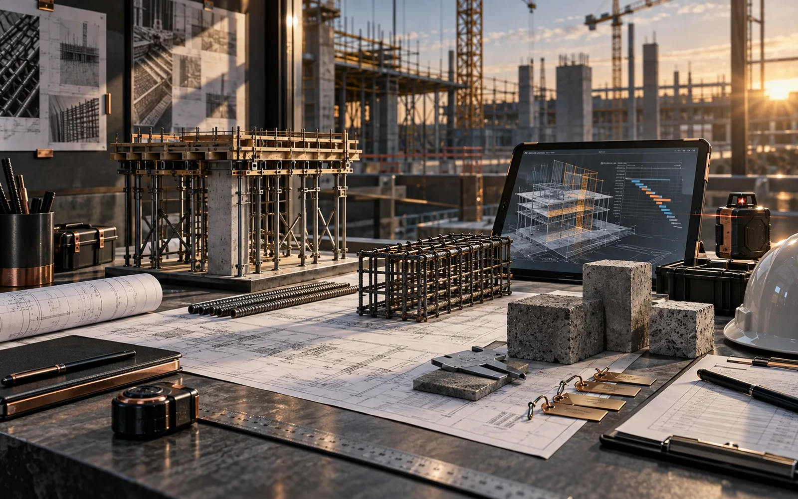 Construction planning table with rebar, concrete samples, sequencing and quality-control tools — conceptual process visual, not a project record