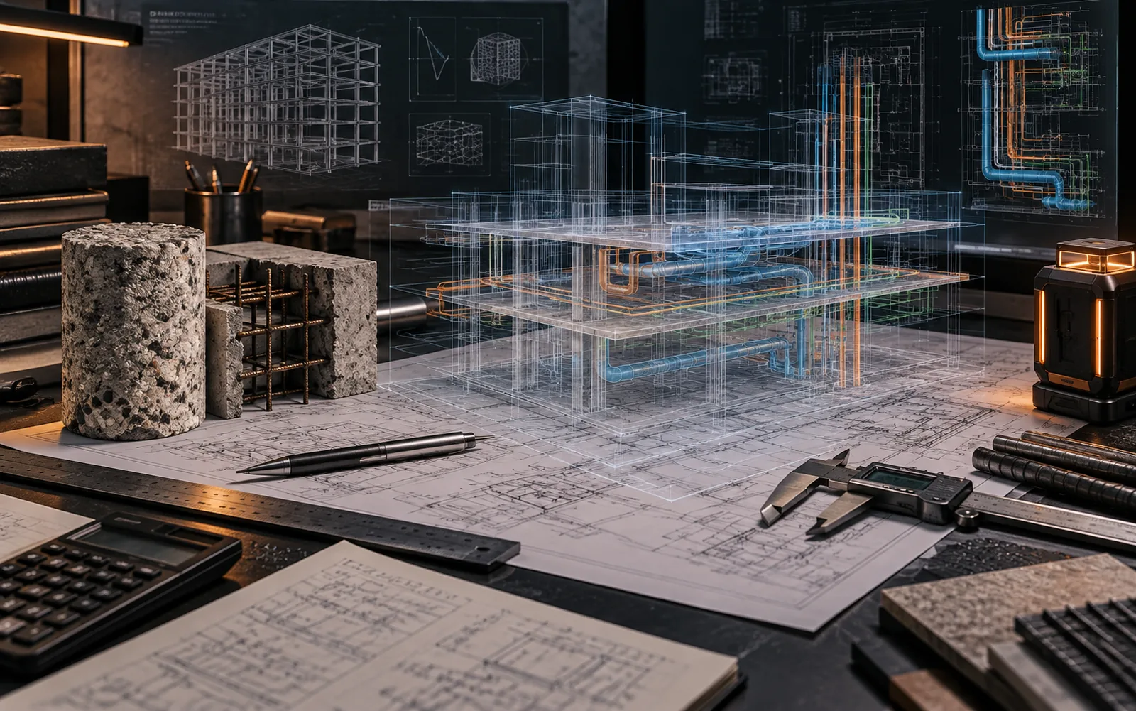 Structural and MEP coordination tools with concrete samples and technical overlays — conceptual process visual, not a project record