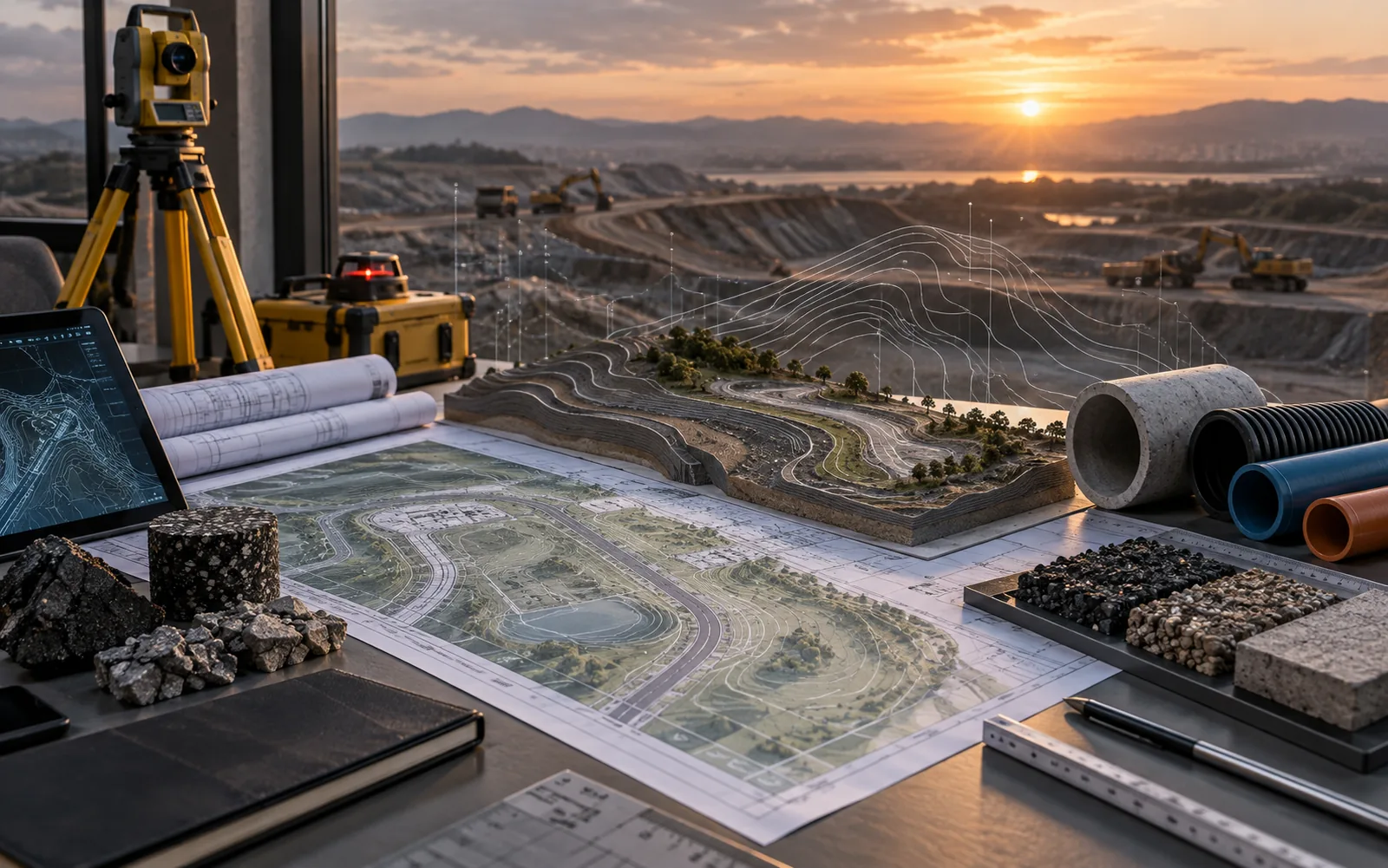 Civil works planning with survey equipment, contours, utilities and material samples — conceptual process visual, not a project record