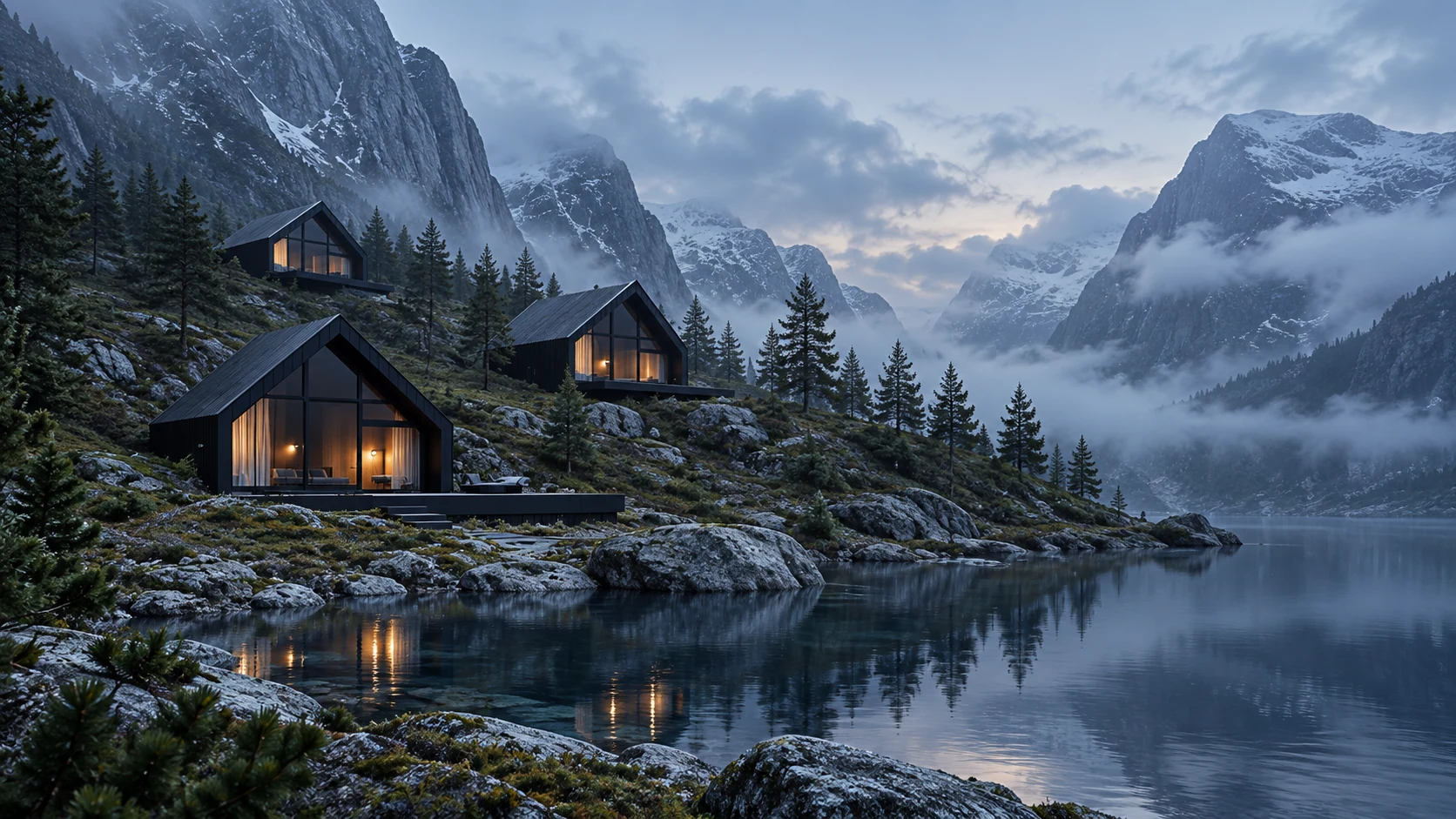 Mountain cabins beside a lake — architectural concept visualization
