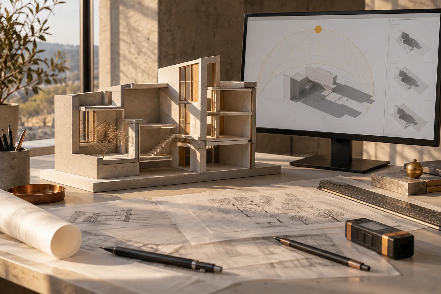 Concept illustration of architecture planning tools and technical review; AI-generated, not a project record