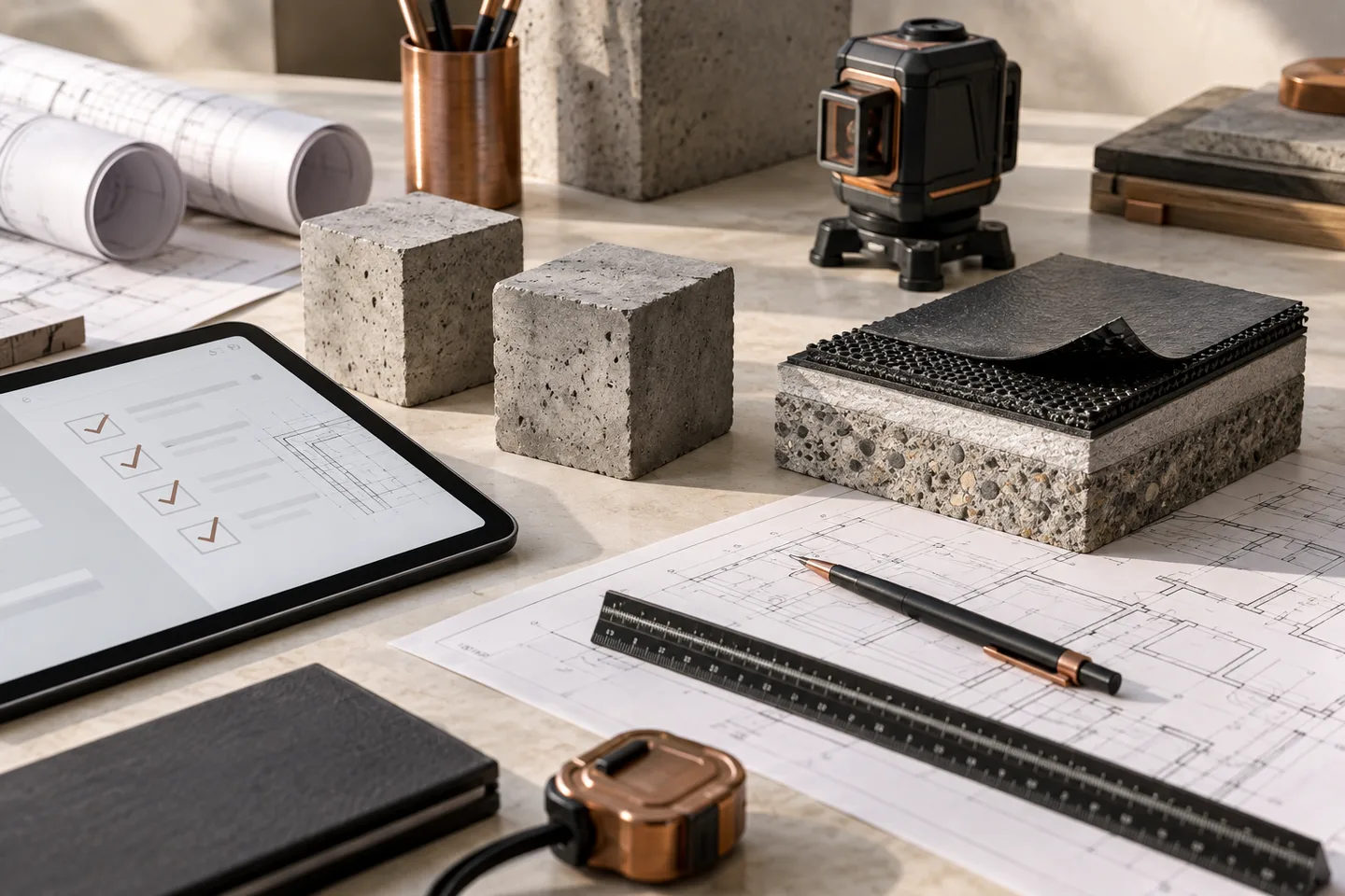 Concept illustration of construction planning tools and technical review; AI-generated, not a project record