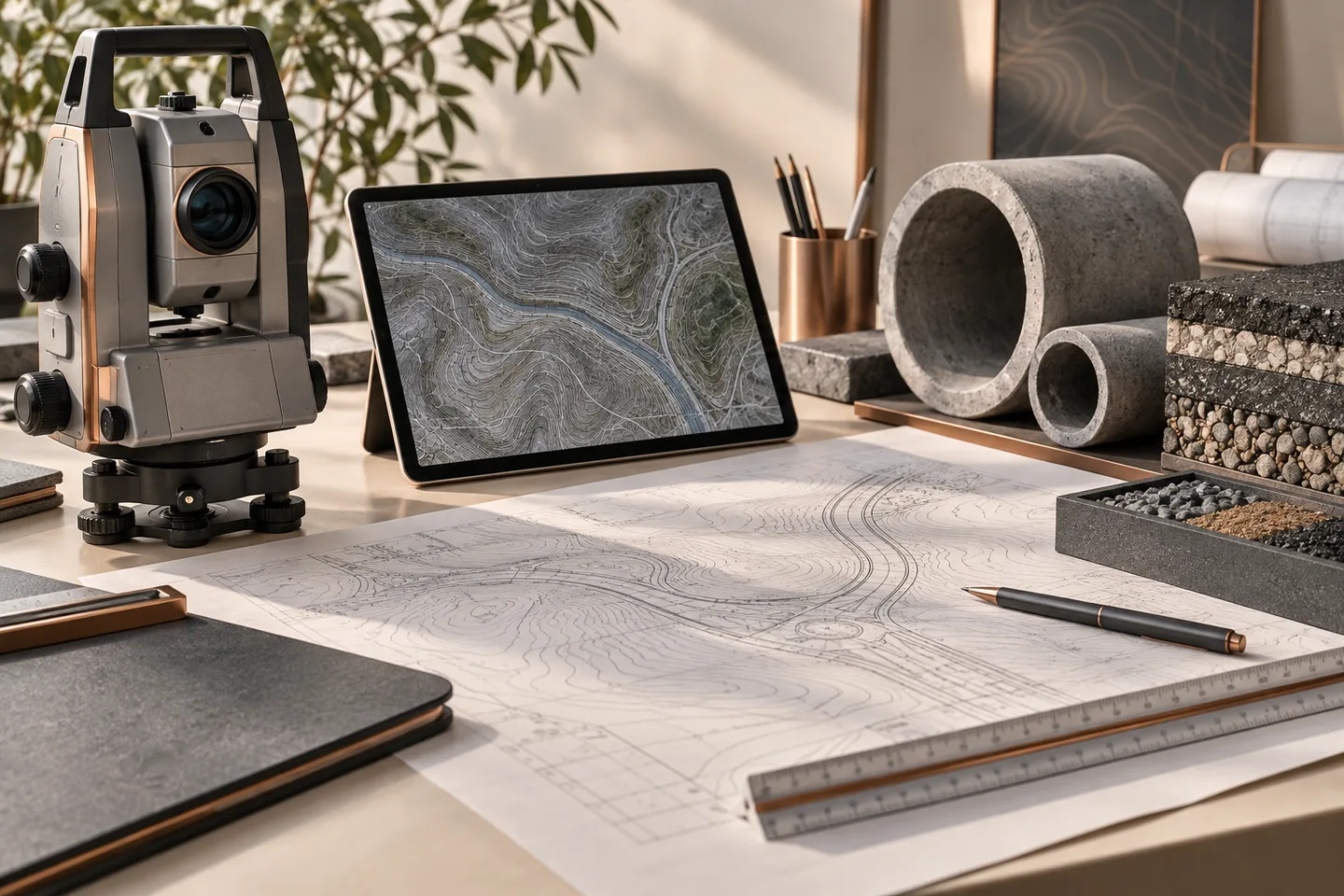 Concept illustration of infrastructure planning tools and technical review; AI-generated, not a project record
